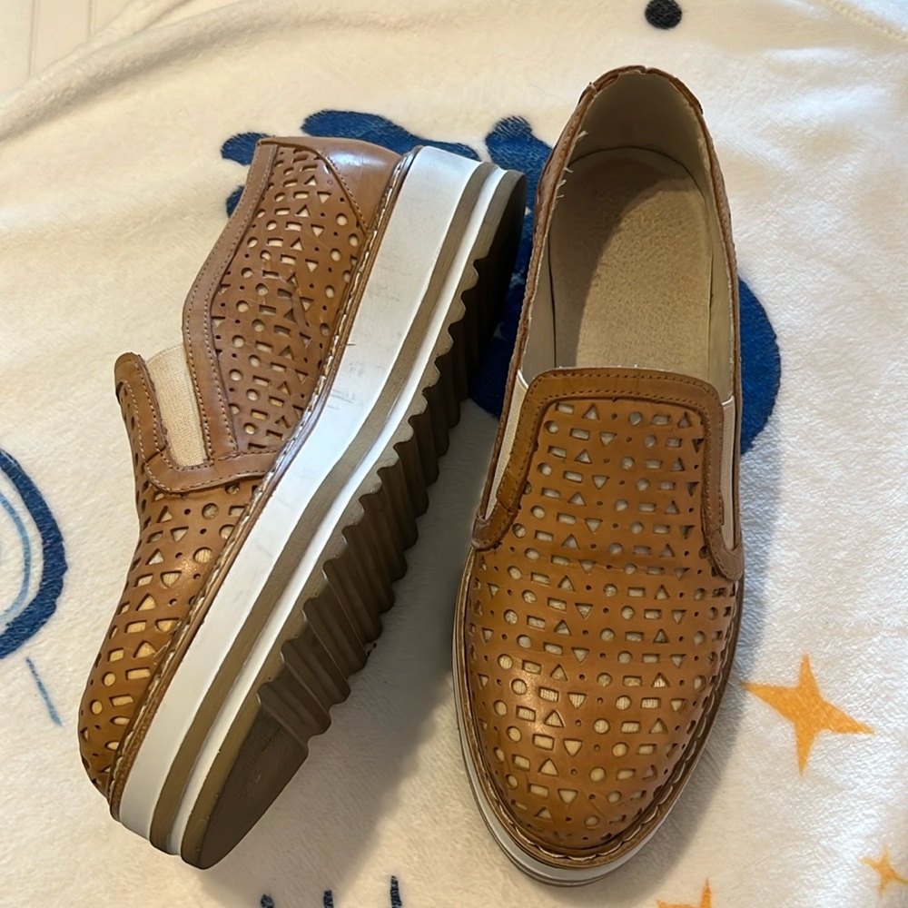 Summit by White Mountain Tan Perforated Leather Platform Flats